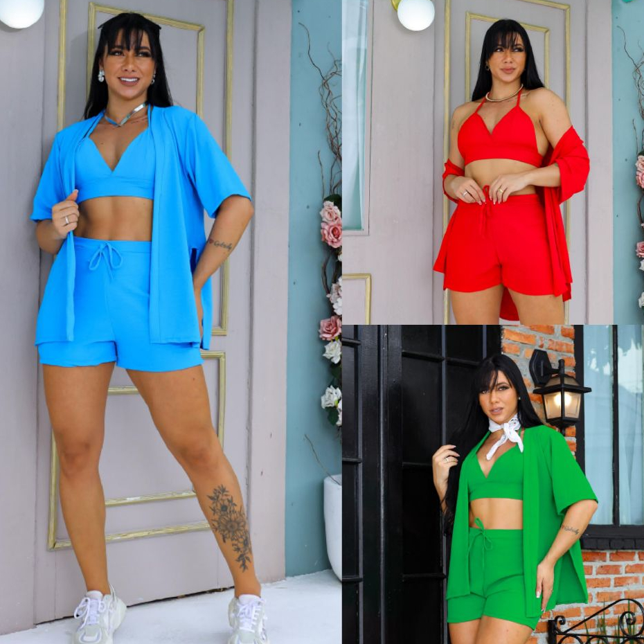 Conjunto Feminino  Short + Blusa+ Cropped Comjunto Kimono Duna Com Bojo Não Amassa