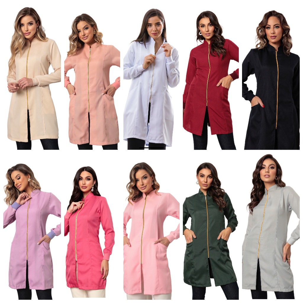 Jaleco Feminino Nice Acinturado Punhos Ziper Gola Padre Diversas Cores