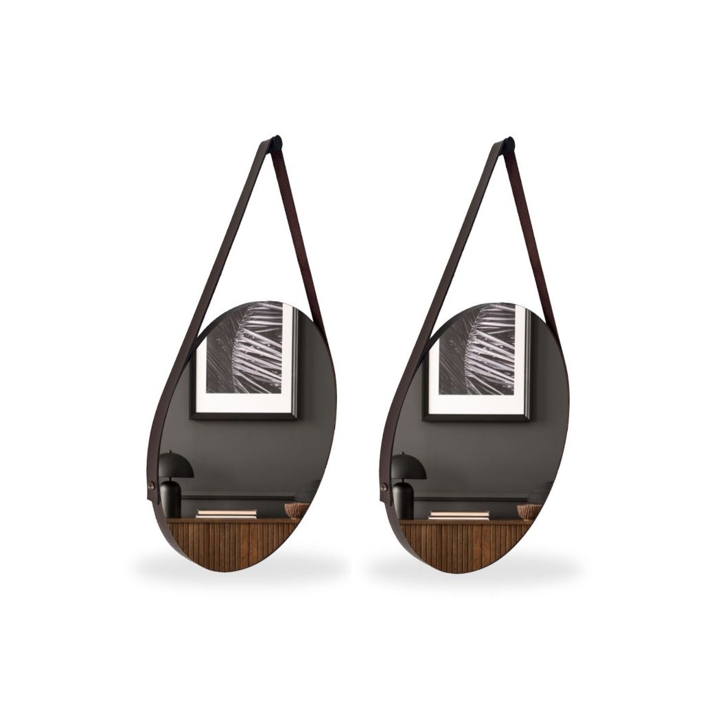 2 Espelho Adnet 30cm com Alça de Couro e Suporte para Banheiro Sala Quarto - Home & Living