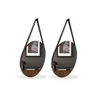 2 Espelho Adnet 30cm com Alça de Couro e Suporte para Banheiro Sala Quarto
