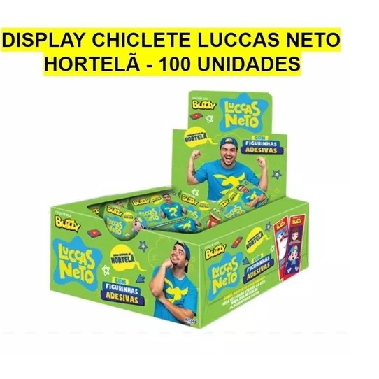 Display Chiclete Luccas Neto Hortelã Com Figurinhas Adesivas Buzzy C/100 Unidades Buzzy