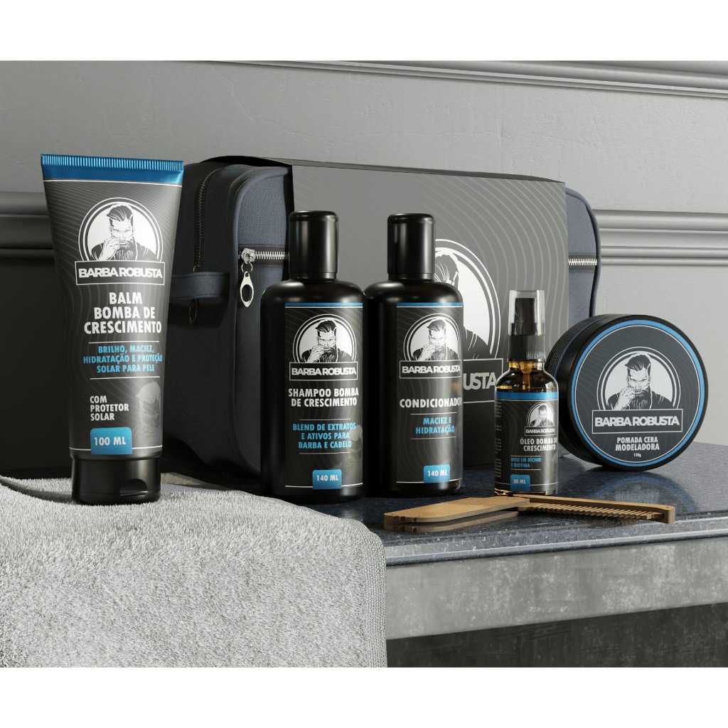 Kit Barba de Shampoo, Condicionador, Balm, Óleo, Cera, Pente Canivete e Necessaire