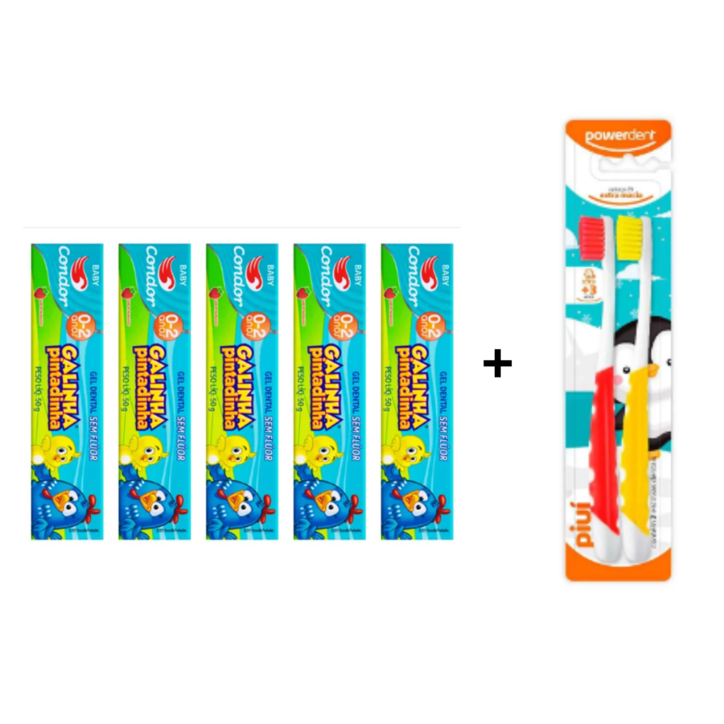 Kit 5 Pastas de dente Gel Dental Infantil sem fluor Condor + Escova Extra macia Powerdent Piuí