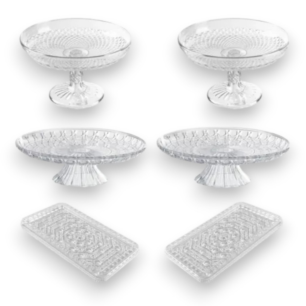 Kit Lapidado - 2 Boleira Lapidada Cristal + 2 Doceira Luxo Com Base + 2 Bandeja Retangular - Decoração - Festa Novo em Oferta na Shopee