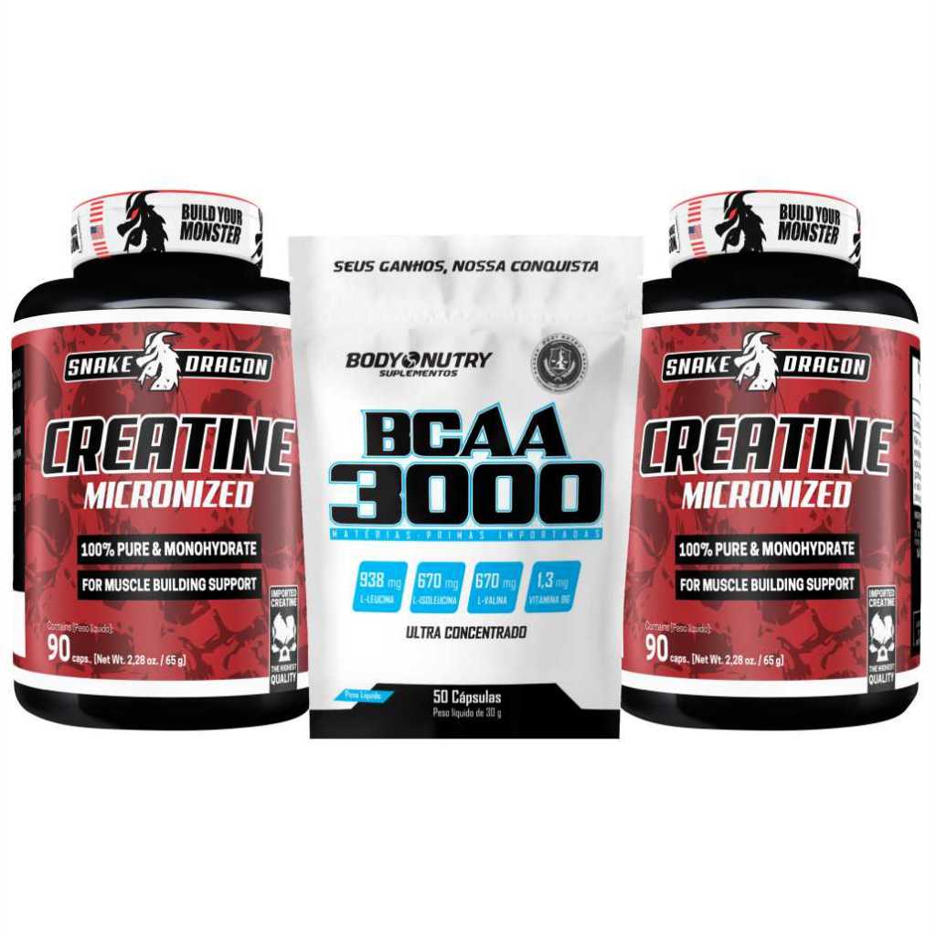 Kit Suplemento - 2x Creatina Pura Monohidratada, 90 cáps + BCAA 3000 50 cápsulas - Snake Dragon