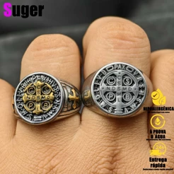 Anel São Bento Cravejado Com Medalha Cruz De Dedeira Masculino Em Aço Inoxidável Banhado A Ouro 18k