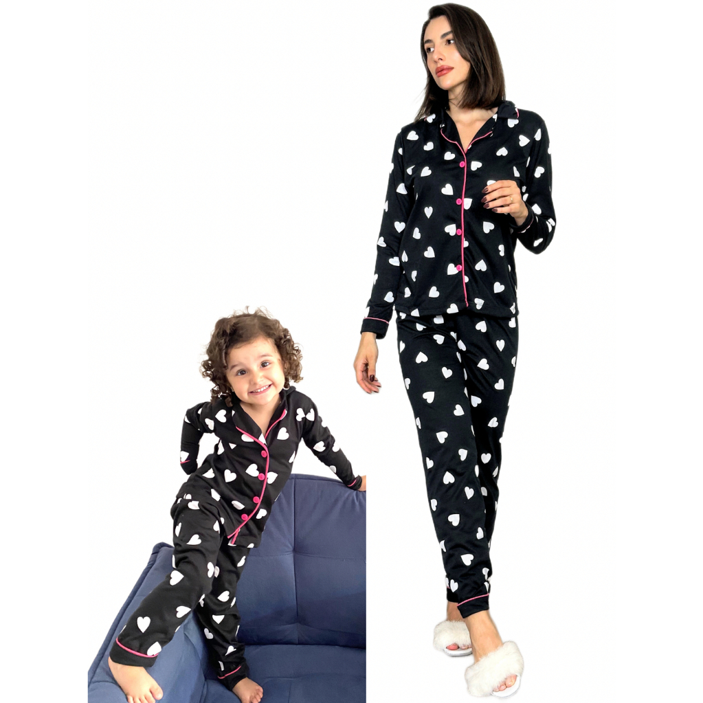 Kit Pijama Mãe E Filha Americano Feminino Calça E Blusa Manga Longa Comprido Inverno Botões De Frio Malha Confortável