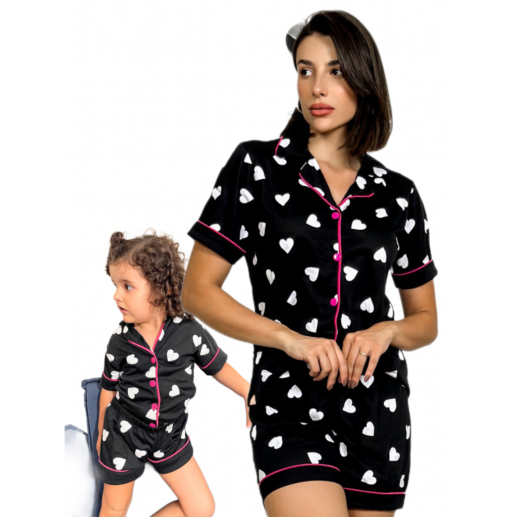 Kit Mãe e Filha Pijama Americano Feminino Short  Verão Infantil e Adulto Malha Confortável Manga Curta