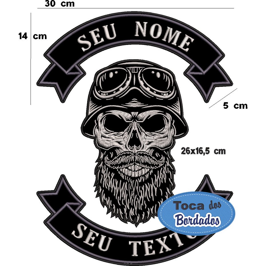 Patch Bordado Caveira com Barba seu nome, Texto Livre 39,5x30,5 cm cód.5793 - Grande a fixação é costura