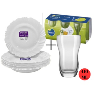 Jogo Kit Aparelho 12 Peças Jantar 06 Prato Pétala Fundo+06 Copo Samba 410ML Vidro Branco Mesa Posta Restaurante Redondo Temperado Transparente Nadir