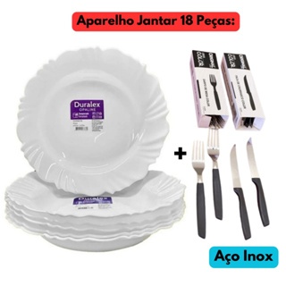 Jogo Aparelho 18 Peças Jantar 06 Pratos Fundo Petala+12 Talheres Aço Inox Color Preto Redondo Branco Mesa Posta Restaurante Refeitorio