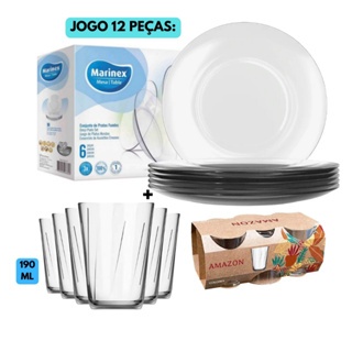 Jogo Kit Jantar 12 Peças 06 Pratos Raso Astral+06 Copos 190ML Amazon Temperado  Duralex Vidro Transparente Refeitório Restaurante buffet