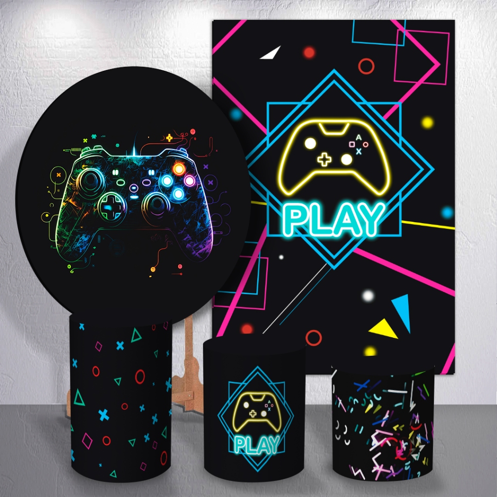 Capas Sublimadas Festa Infantil Tema Game Controle Painel Redondo Retângulo Trio Cilindro Para Meninos