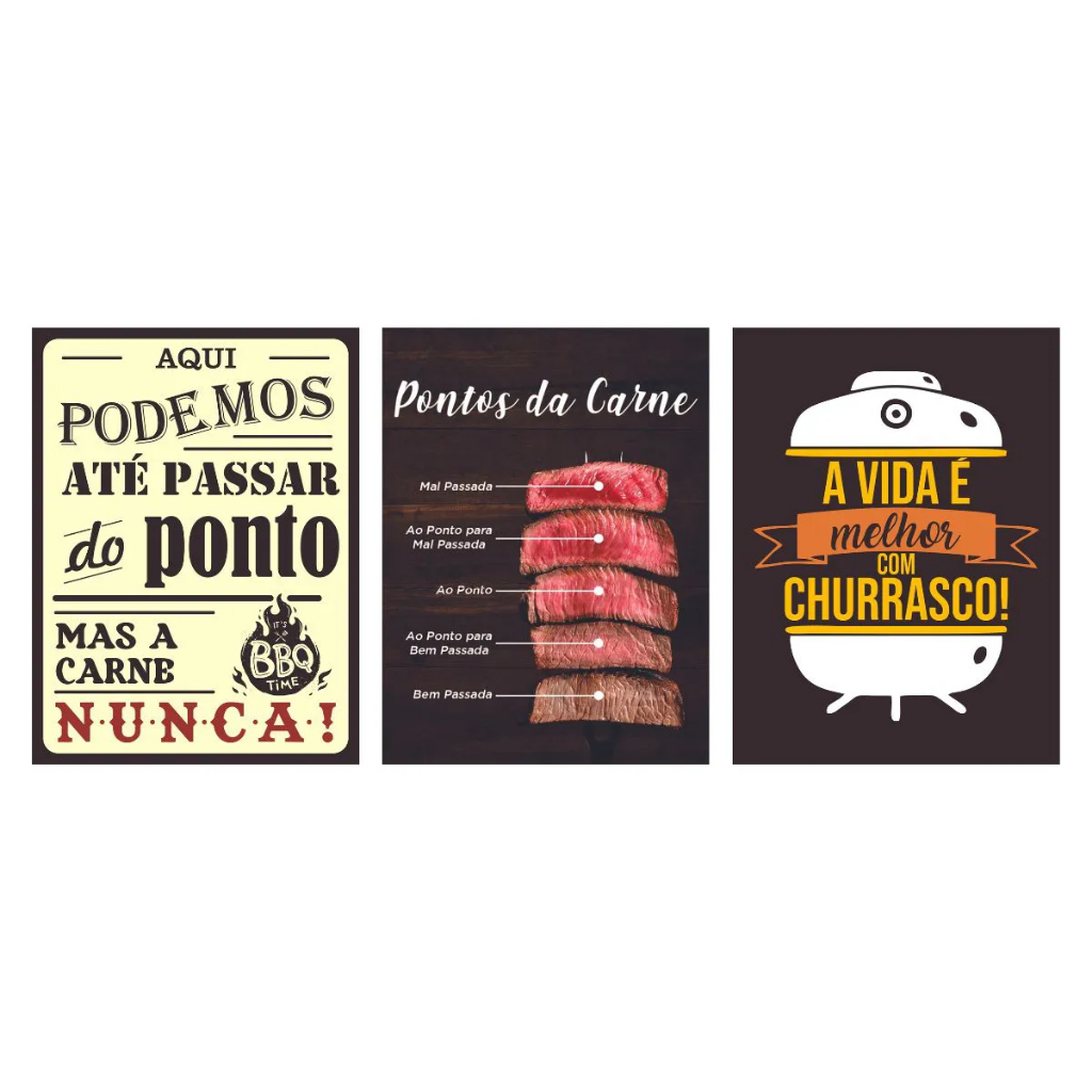 Kit 3 Placas Decorativas Churrasco Cantinho do Churrasco Área Gourmet Carnes