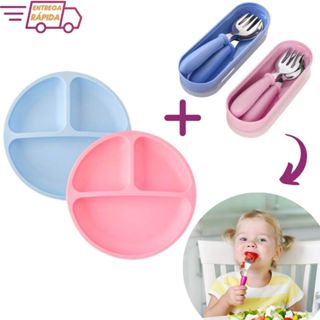 Kit Talheres Aço Inox Sem Ponta com Estojo + Prato Infantil Com Ventosa Silicone em Oferta na Shopee