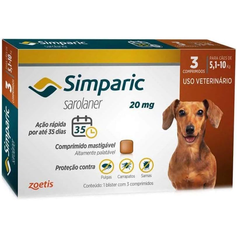 Simparic Antipulgas e Carrapatos Caes 5,1 a 10kg c/3 Comprimidos em Oferta na Shopee
