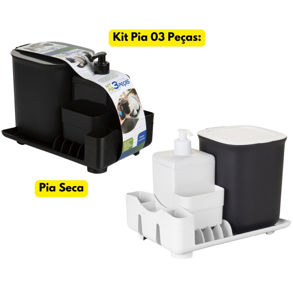 Jogo Kit  P/ Pia 03 Peças Seca Dasplast Preto Branco Bar Restaurante Refeitório Organizador Lixo Escorredor  Balcao Plástico Durável