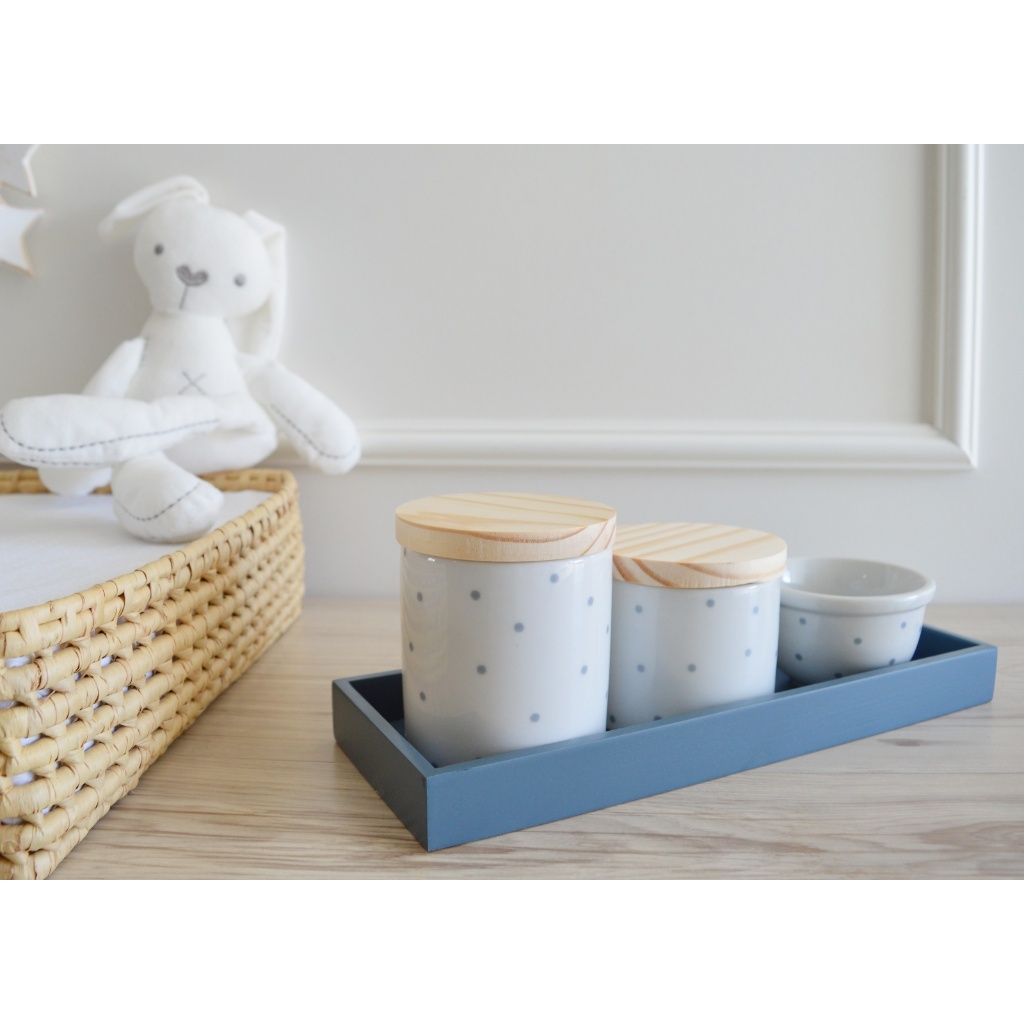 Kit Higiene Bebê Menino Bandeja Retangular Madeira Azul Póa K019 Moderno