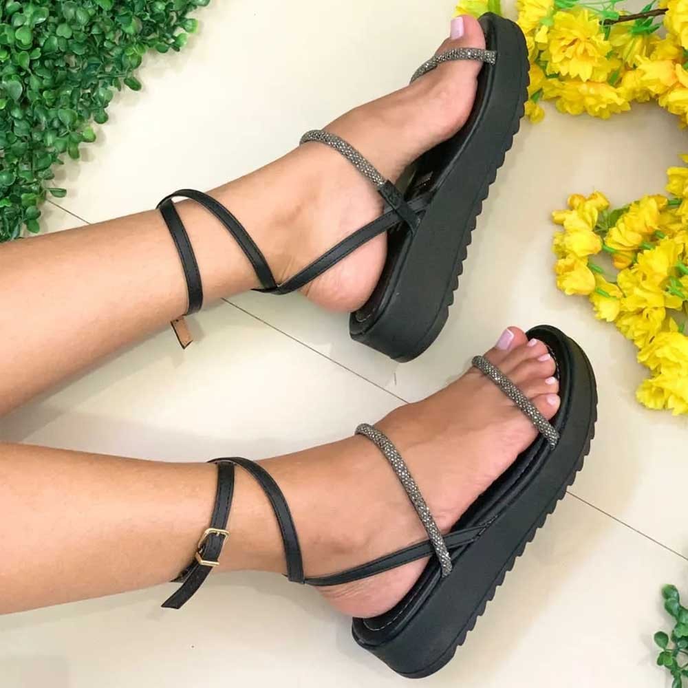 Sandália Feminina Flatform Vizzano Tratorada Tira Strass anabela tirinha strass brilho plataforma baixa