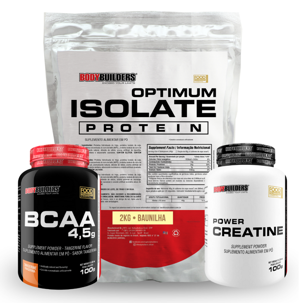 Kit Whey Optimum Isolate Protein 2kg + BCAA 4.5 100g + Creatina Power 100g - Bodybuilders em Oferta na Shopee