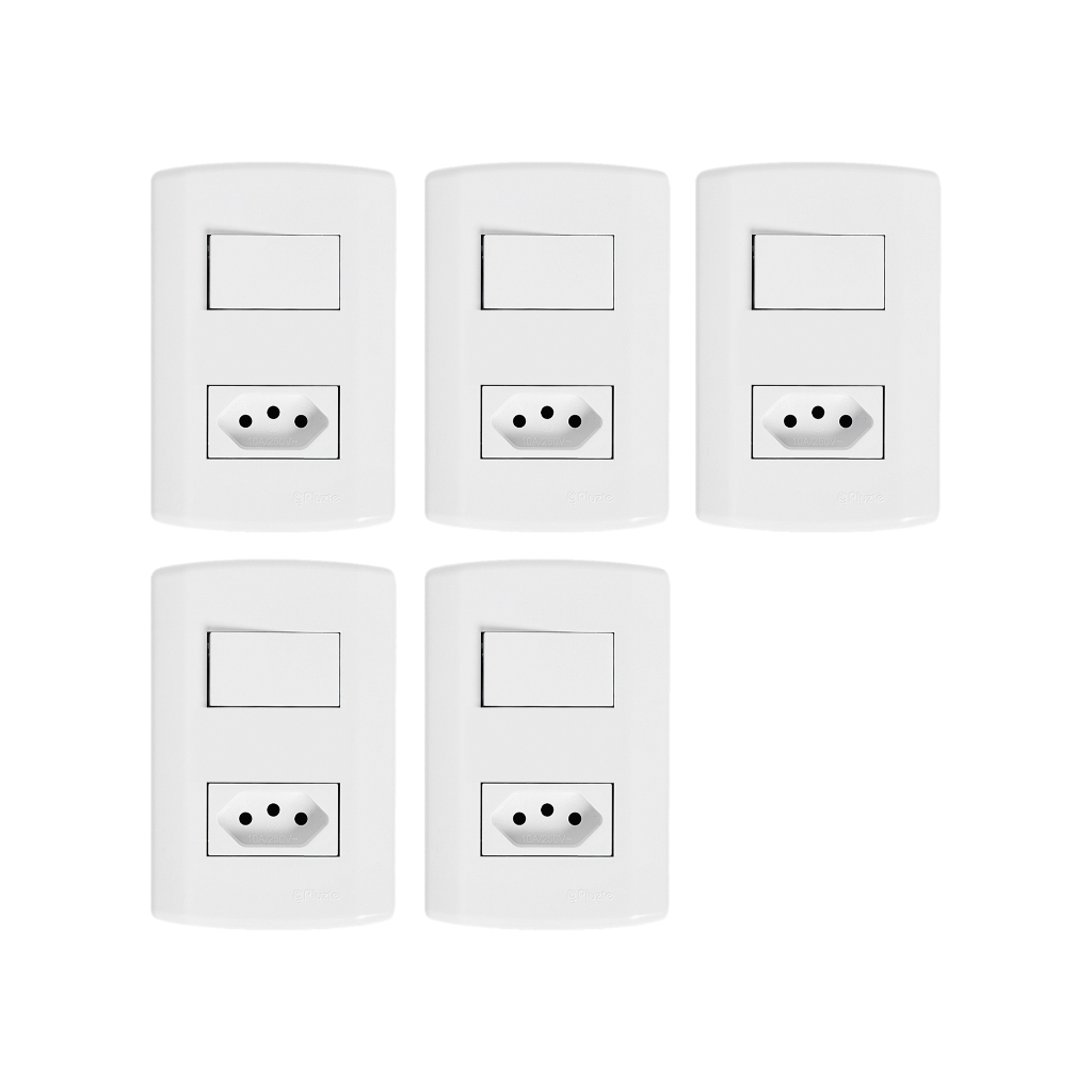 Kit Interruptor Tecla Simples com tomada 10a 20a - 05 unidades Pluzie Pluzi Branca