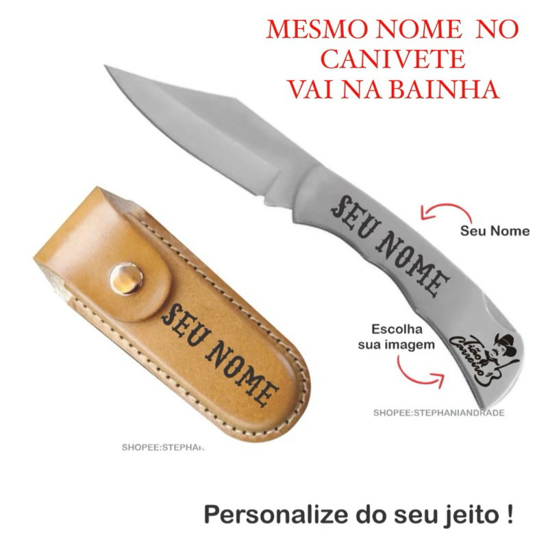 Canivete  Inox Personalizado Com Bainha De Couro