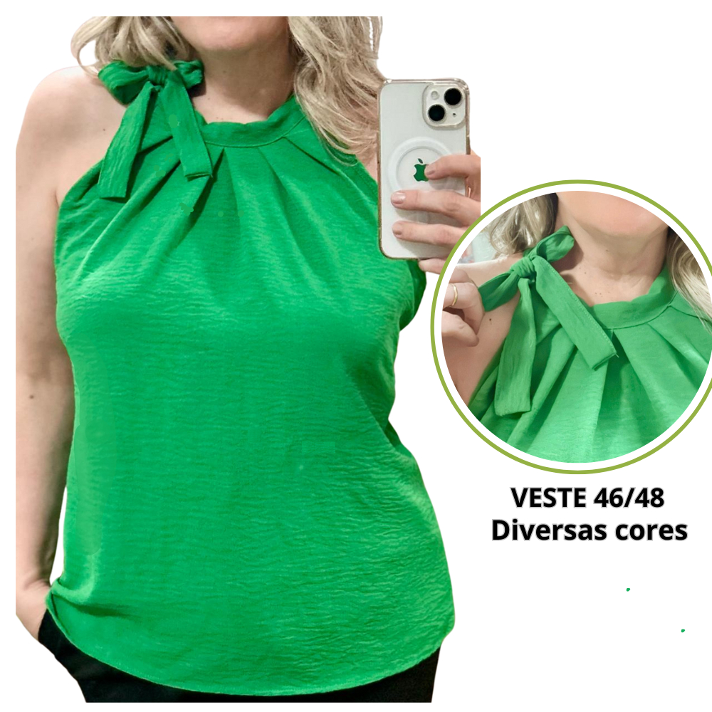 Regata Feminina Gola Alta com Laço no pescoço Duna Não Amassa Moda plus size Cava Americana