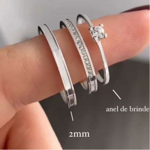 PAR DE ALIANÇAS DE PRATA 950 2MM NAMORO COMPROMISSO + ANEL SOLITÁRIO PERSONALIZADA COM GRAVAÇÃO