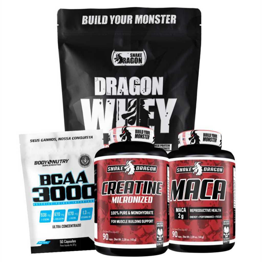 Kit Suplemento - Whey Protein Concentrado, 500g + Creatina 100% Pura, 90 cáps + BCAA 3000, refil 50 cáps ( c/ LEUCINA) + Maca peruana Original, 90 cáps