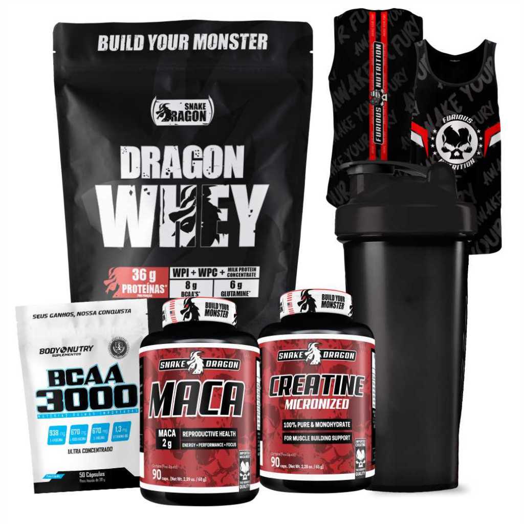 Whey Protein Concentrado, 500g + Creatina Micronized, 90 cáps + BCAA 3000, 50 cáps + Maca Peruana Pura, 90 cáps + Regata de Treino + Coqueteleira 600ml