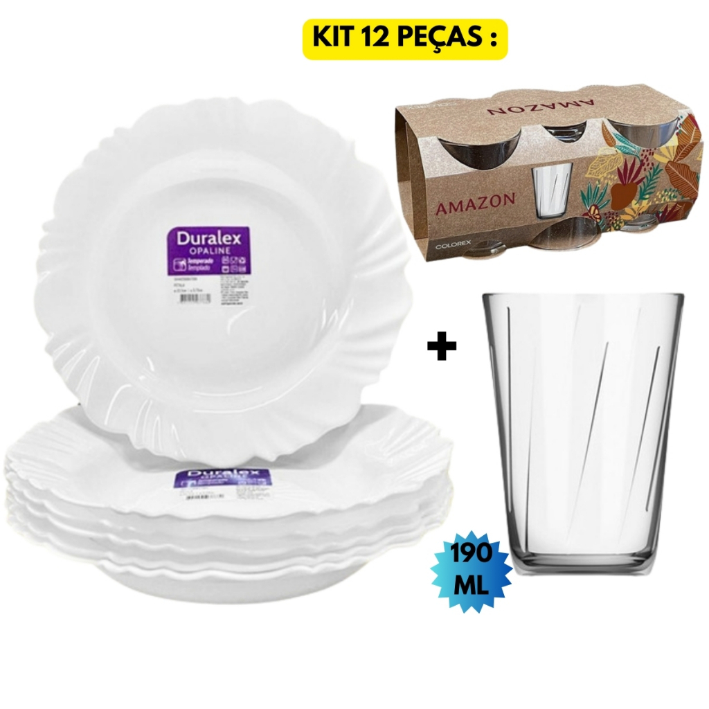 Jogo Kit 12 Peças Jantar 06 Prato Pétala Fundo+06 Copo Amazon 190 ML Vidro Branco Duralex Temperado