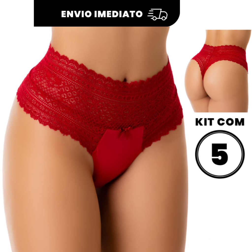 kit 5 calcinhas fio dental de renda conforto frente e fundo em poliamida forro 100% algodã...