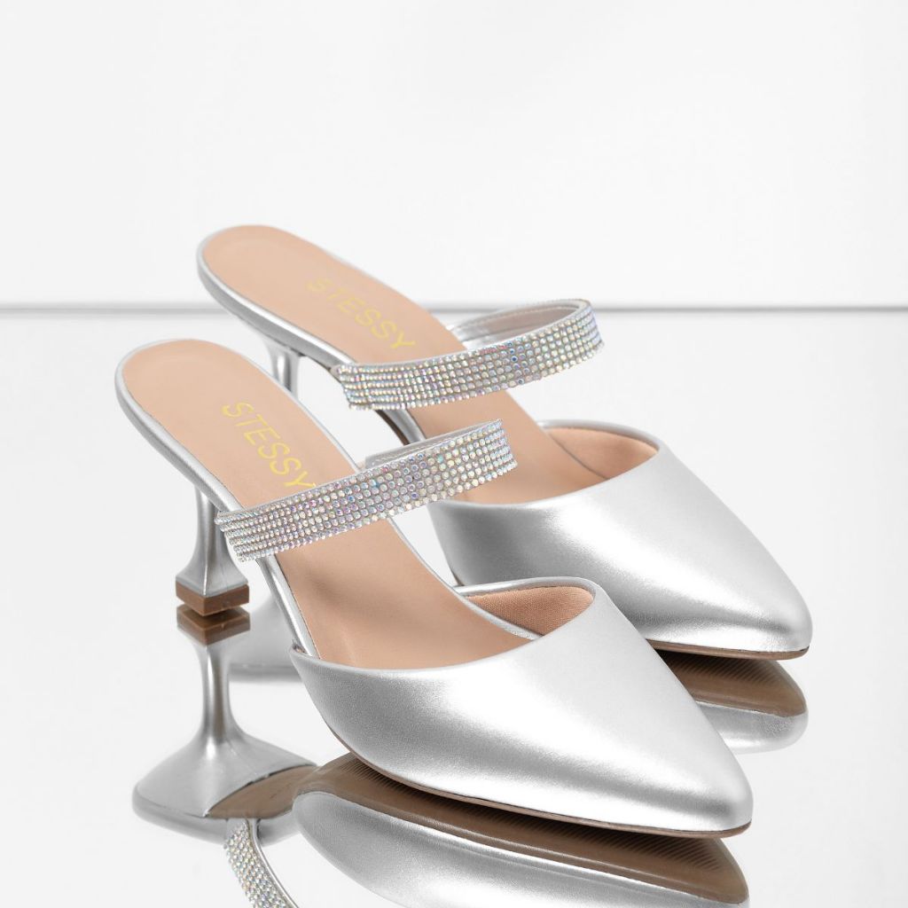 Scarpin Feminino Mule Salto Taça Baixo Bico Fino Com Brilho Strass Confortável 8767-102 em Oferta na Shopee