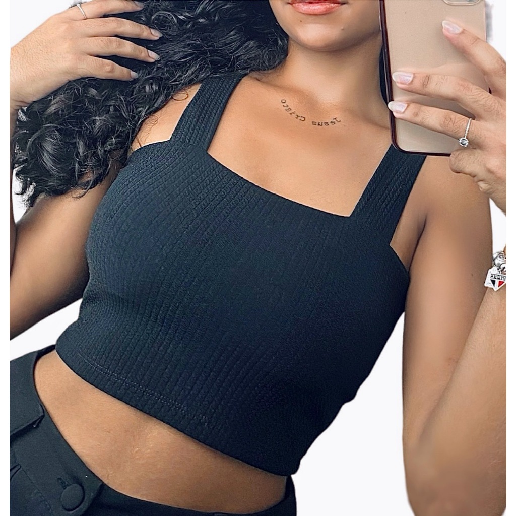 Cropped de Alcinha Basico Preto Blusinha Curta Decote Costa Fechada em Oferta na Shopee