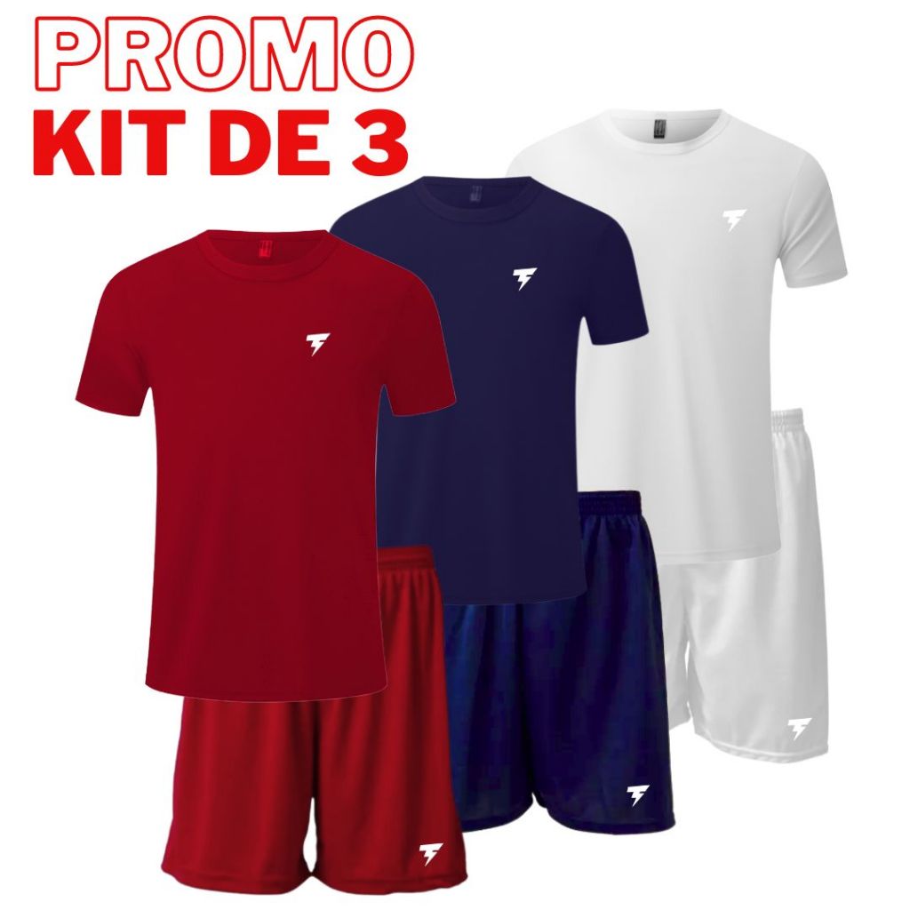 Kit 3 Conjuntos Camiseta e Calção de Futebol Esportivo e para Academia em Oferta na Shopee