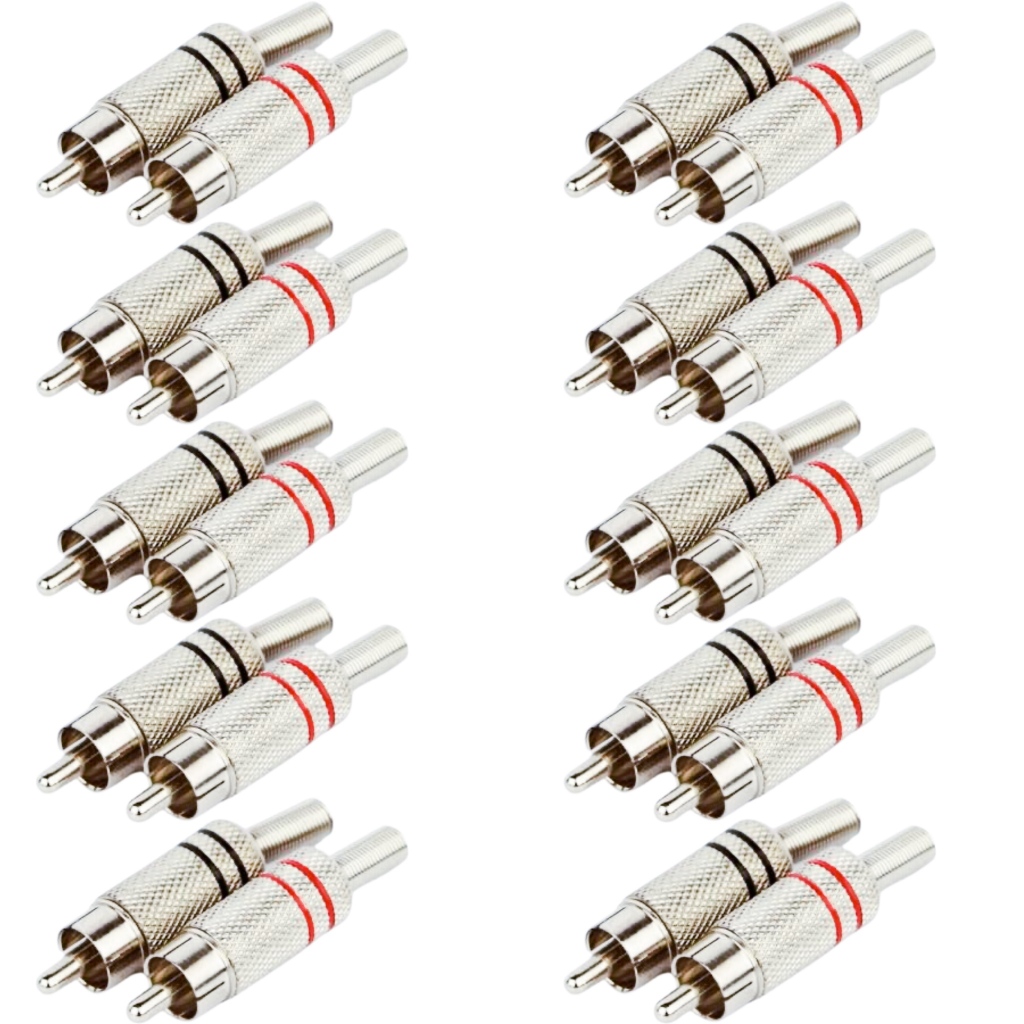 Kit 20 Plug Conector Rca Macho 10 Pares Blindado Metal Níquel em Oferta na Shopee