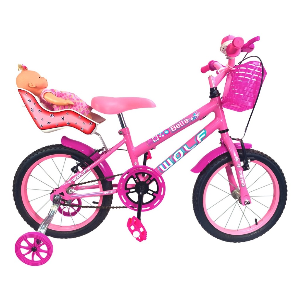 Bicicleta Infantil Aro 16 Feminina + Cadeirinha + Boneca Wolf Bike