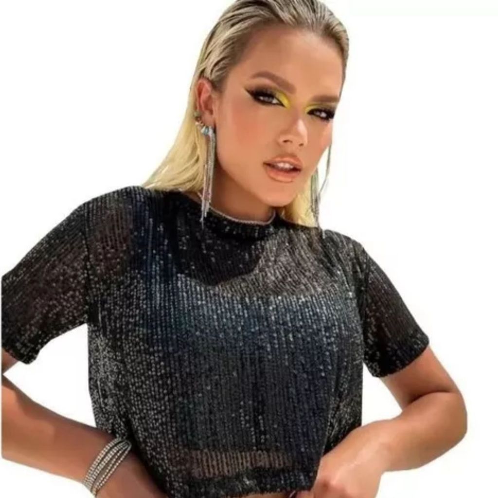 Cropped Blusa Feminina Manga Curta Paetê Brilhante em Oferta na Shopee