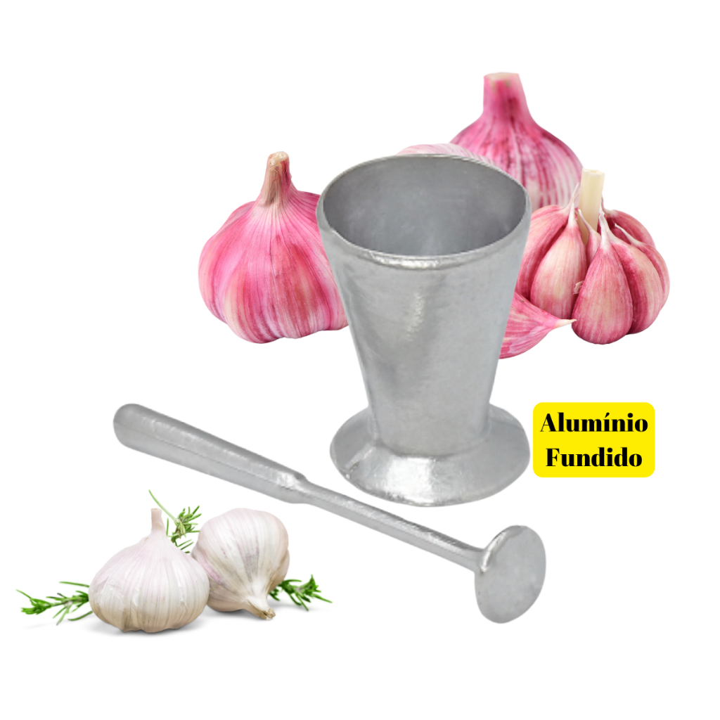 Kit Pilao+ Socador Amassador Aluminio Fundido Prata Alho Cebola Almofariz Polido Temperos Cozinha Condimentos