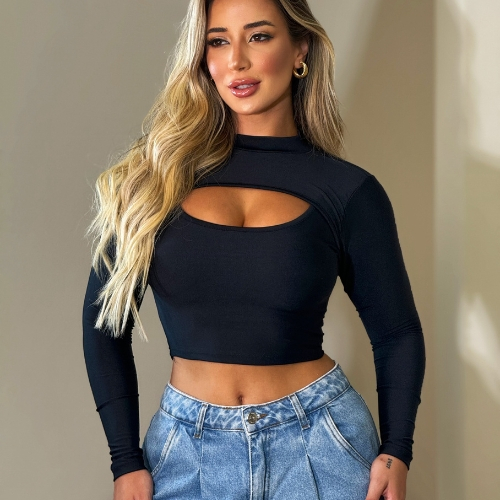 Cropped Corsellet manga Longa Gola Alta Com Decote e Recorte Tendência Outono