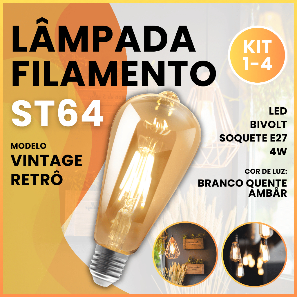 Kit Lâmpadas Filamento 4w Led Retrô Vintage Quente St64 em Oferta na Shopee