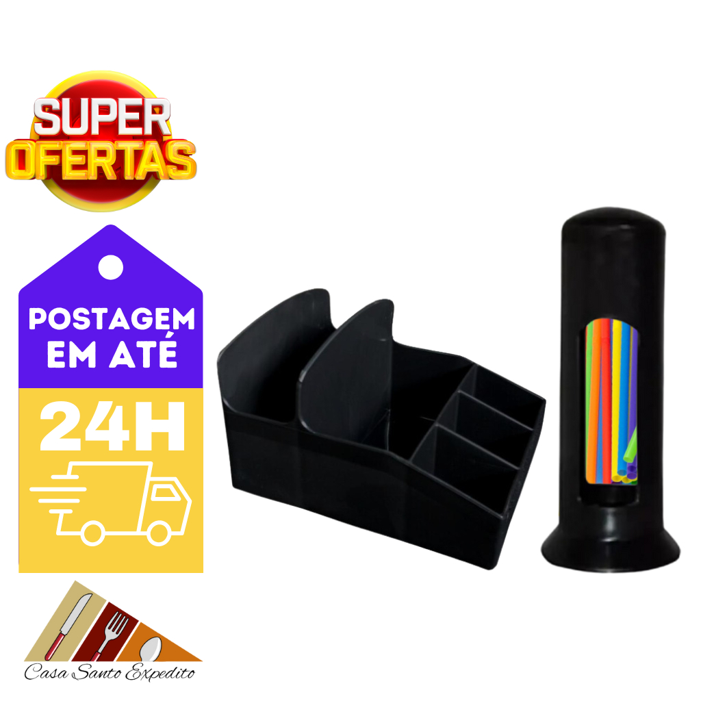 Kit 10 Pçs - 5 Porta Guardanapos e Sachês Divisórias Bar Restaurante Lanchonete Preto +5 Porta Canudos Plástico Preto Bar Restau