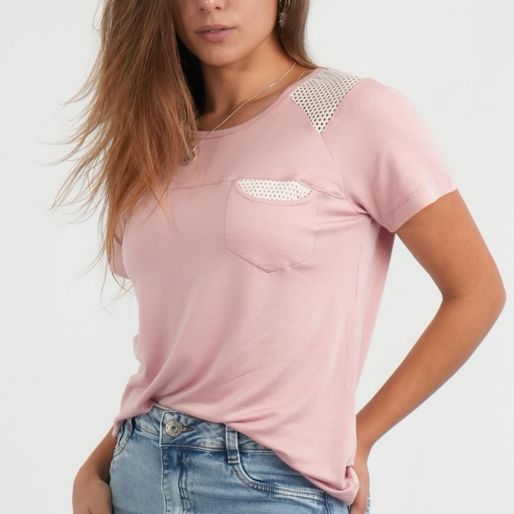 Blusa Feminina Moletinho Manga Curta Rosa Rose Com Bolsinho Blusinha Casual Camiseta Pink Dia-a-Dia Trabalho Passeio Tecido Confortável Viscose Elastano Premium