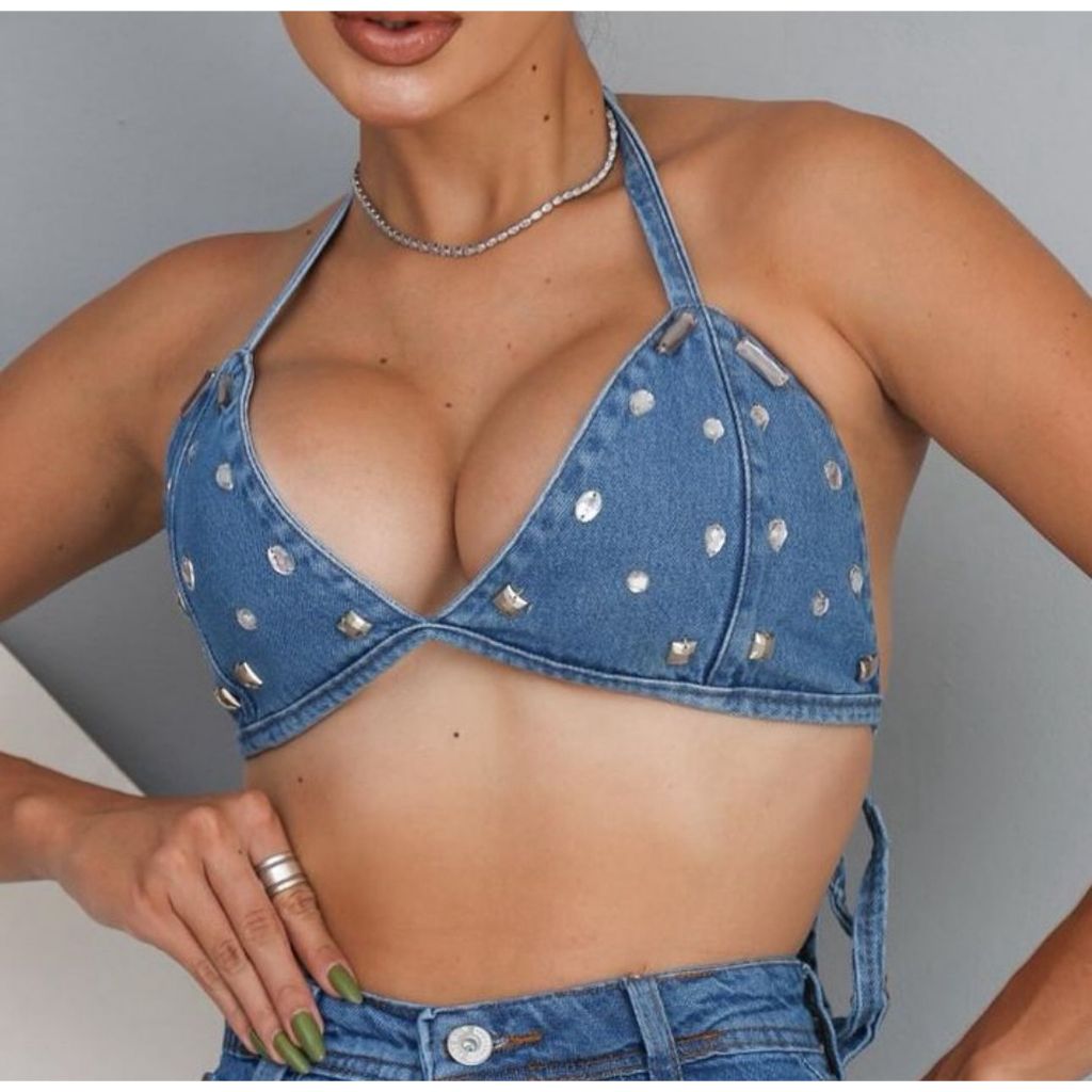CROPPD TOP JEANS FEMININO COM PEDRARIAS