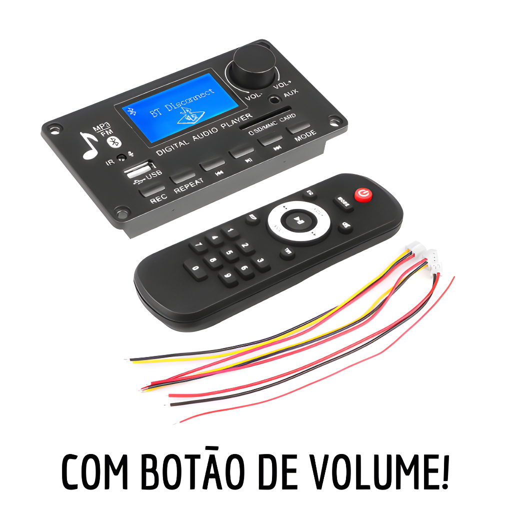 Placa Decodificadora Bluetooth Display LCD USB MP3 Player AUX FM Cartão SD Gravação 12V