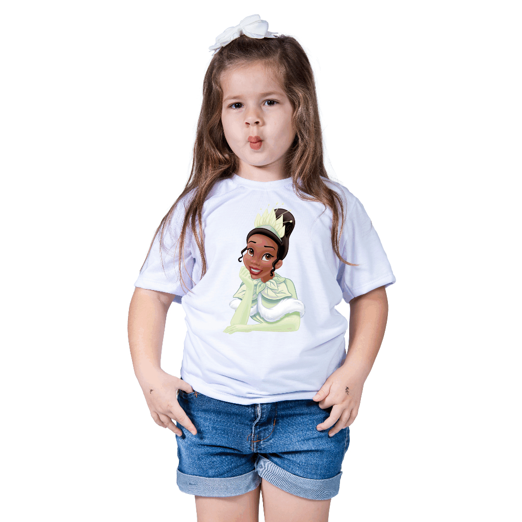 Camiseta Blusa Infantil Menina Feminina Princesas Princesa Tiana Vestido Princesinha Conto de Fadas