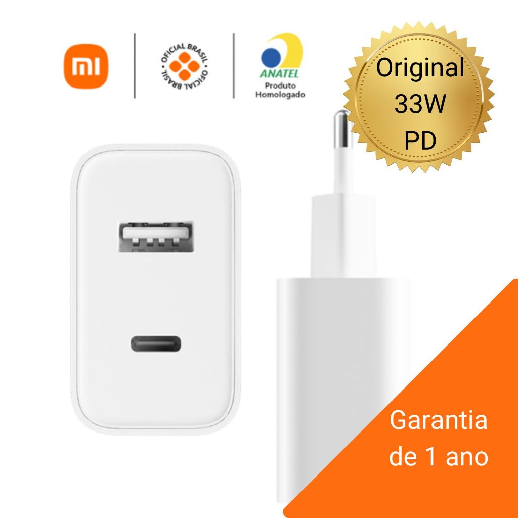 Carregador Xiaomi 33W PD original 2 saídas tomada de parede adaptador 1 ano garantia 2 Saídas USB-C e USB-A inteligente Ultra Rápido Branco 33W