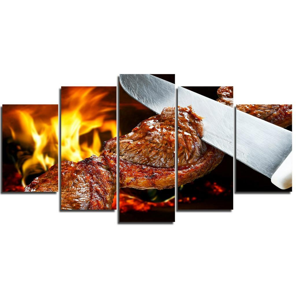 Kit Quadros Decorativos Mosaico 5 Peças Hamburguer Churrasco Bar Comercio Bebida Churrascaria Comida Restaurante Modular Refeição
