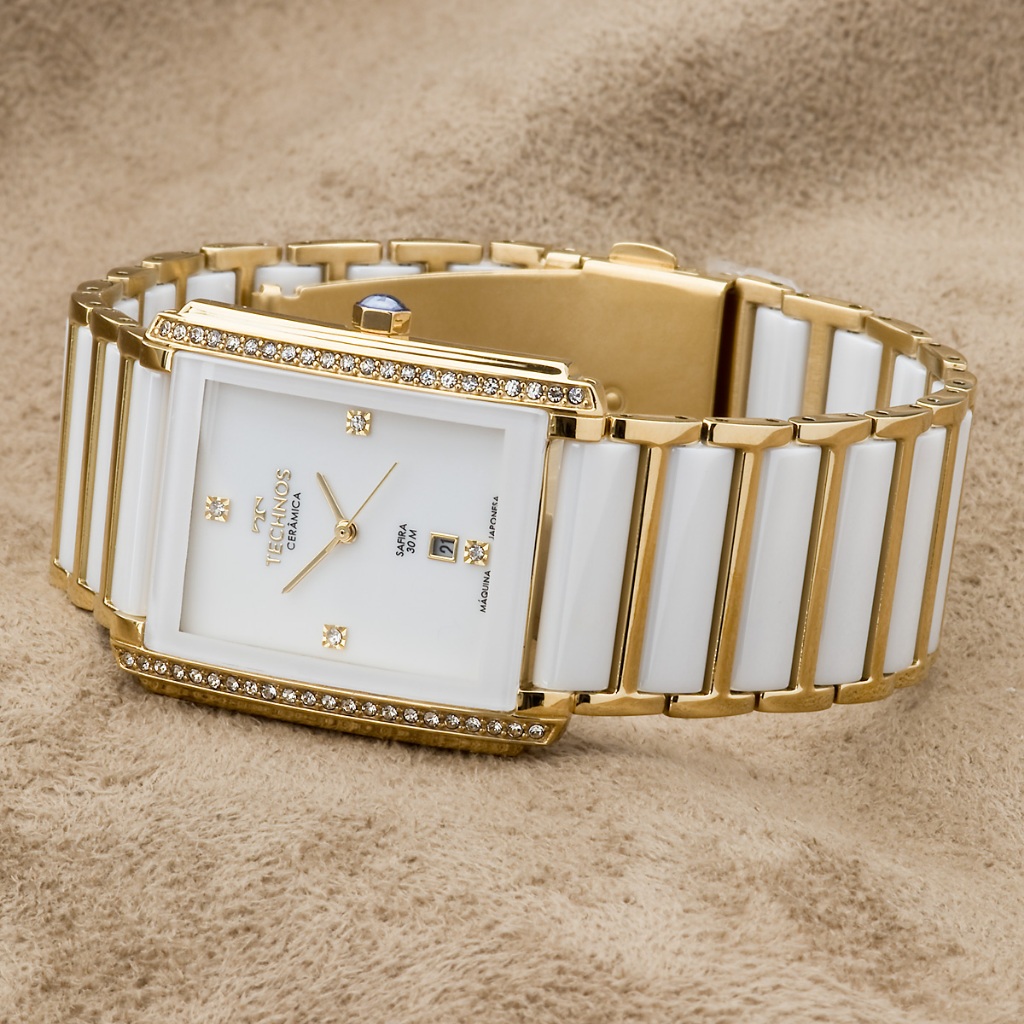 Relogio Feminino Technos Branco com Dourado Ceramica Safira Luxo GN10AX/4B Original Garantia de 1 Ano Presente Mulheres - Watches