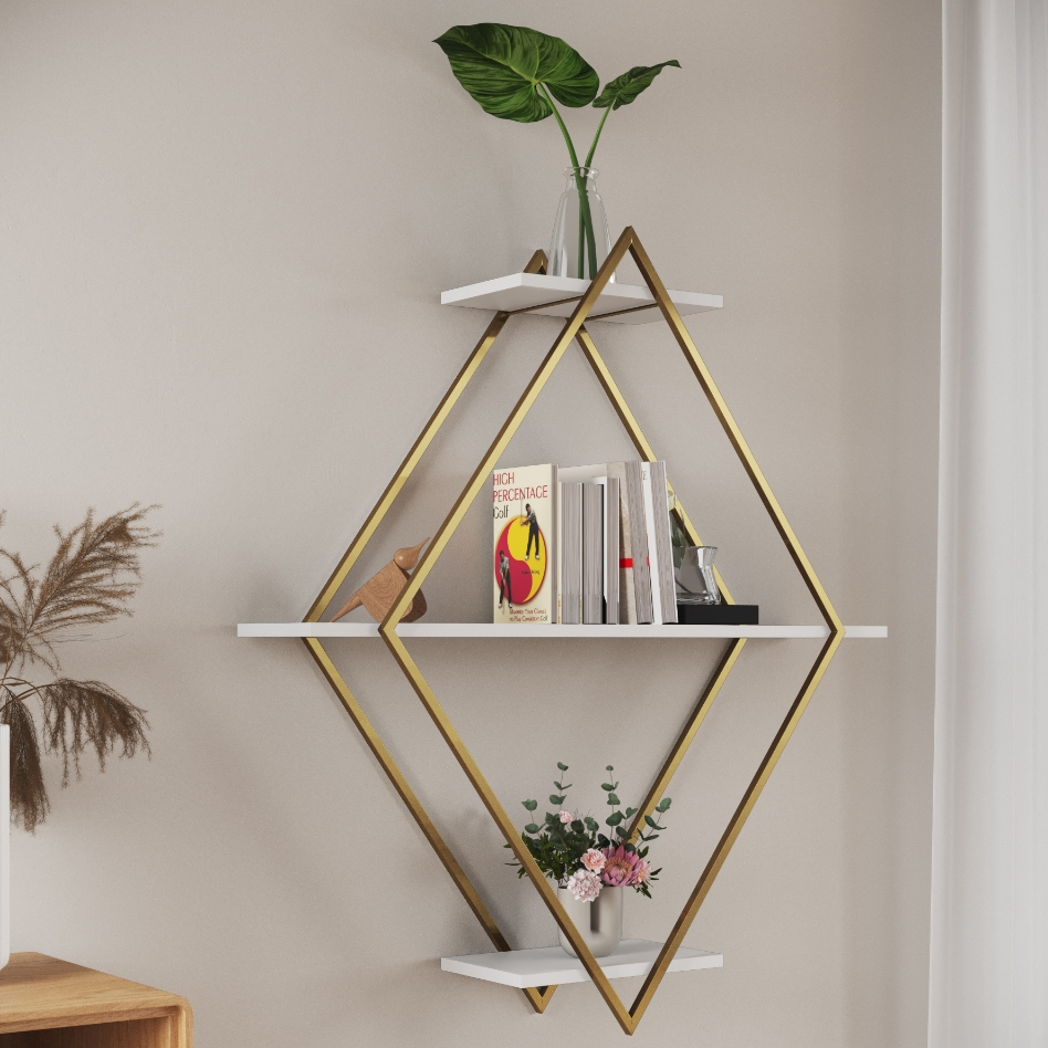 Nicho Diamante Estilo Industrial Para Parede Base de Ferro Dourado Tampo Madeira